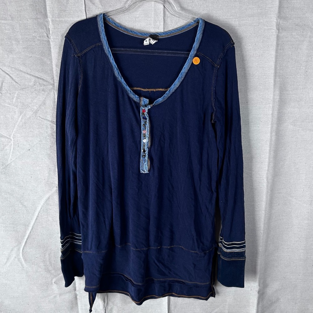 We The Free Free People Navy Blue Henley Long Sleeve Shirt Denim Trim Medium